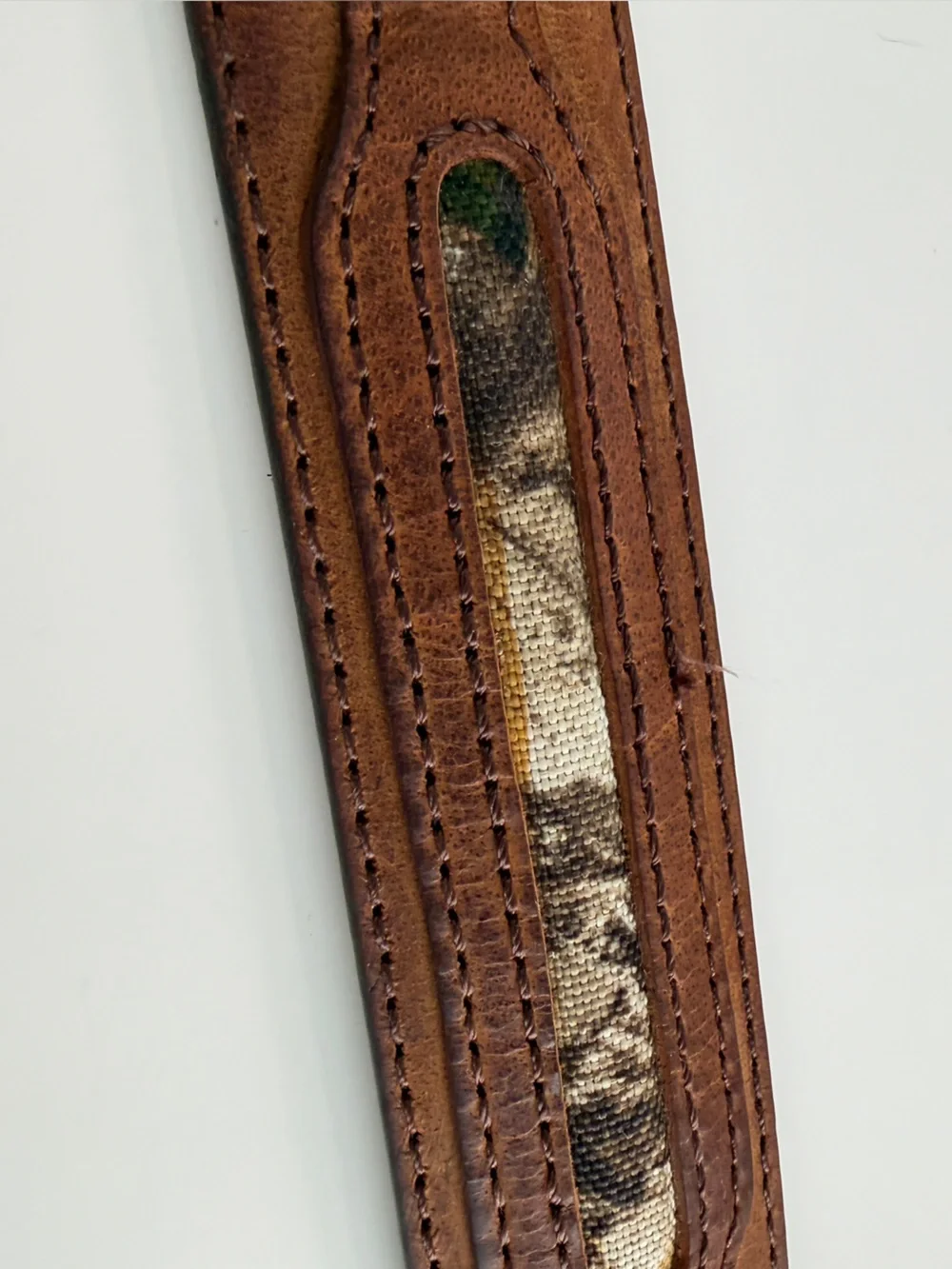 Vintage Browning brown leather belt textile green camo inlay silver logo sz 38